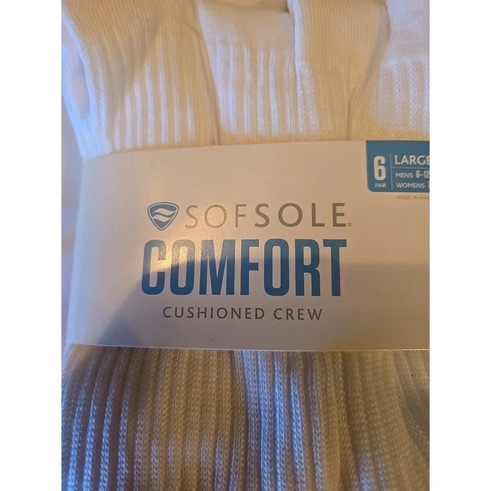 Sof Sole Cushioned Crew Socks Men's 8.5 12.5 Women's 11 13‎ Large White 6 Pair
